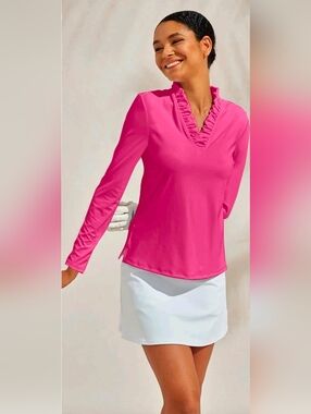 Acegolfs Ruffle V-neck Pink L/S Polo Top UPF50+ Pickleball Tennis Golf NWT Med